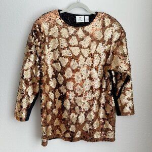 La Fleur Vintage metallic sequin gold long sleeve sweater animal print M